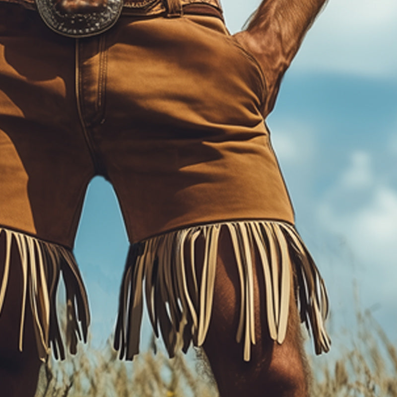 Men's Summer Western Cowboy Style Light Suede Fringe Shorts MTA1552E1U