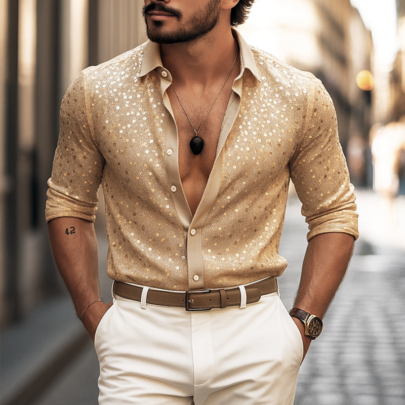 Men's Sequin Lapel Long Sleeve Shirt MTA2308F2Z