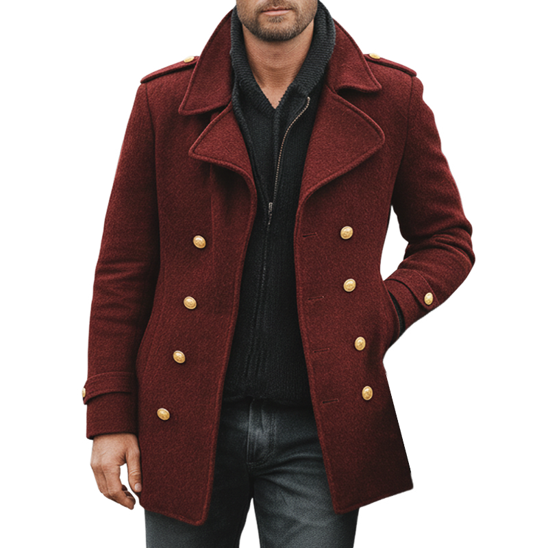 Men's Retro Dark Red Double-Breasted Faux Wool Short Coat MTA1537K9U
