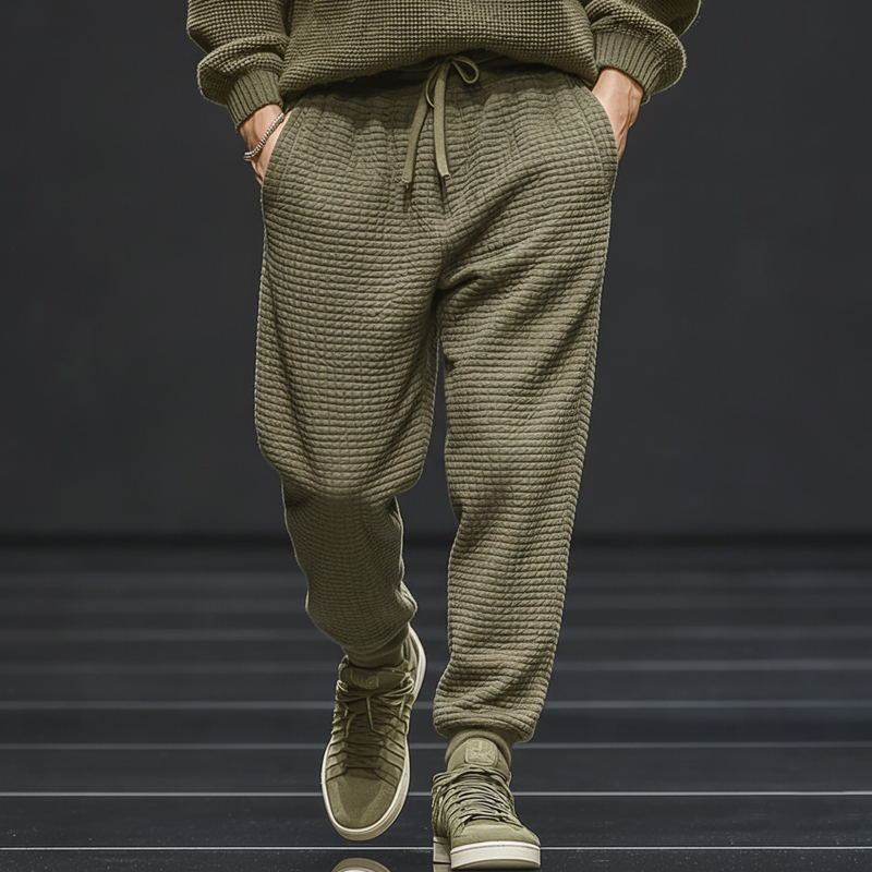 Men's Casual Solid Color Waffle Texture Lace-Up Elastic Waist Sports Pants MTA2730J1U