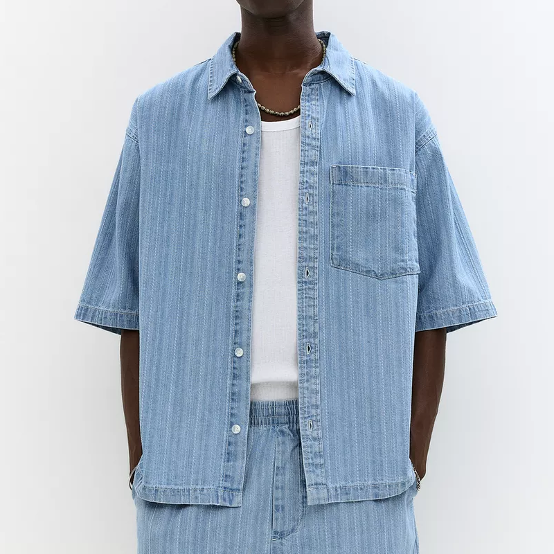 Men's Summer Fashion Denim Jacquard Short Sleeve Shirt MTA0553G1P