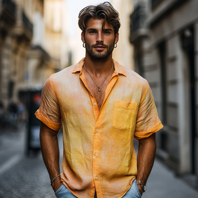 Men's Fashion Gradient Lapel Short Sleeve Casual Shirt MTA1457E0Z