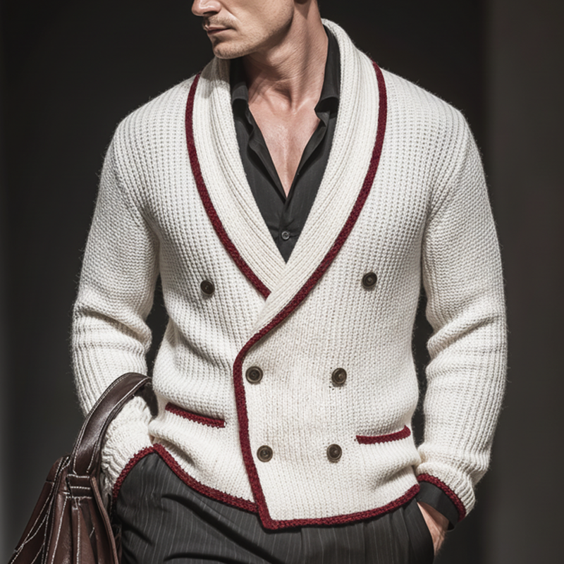 Men's Classic Colorblock Edge Lapel Double Breasted Knit Cardigan MTA2225J4U