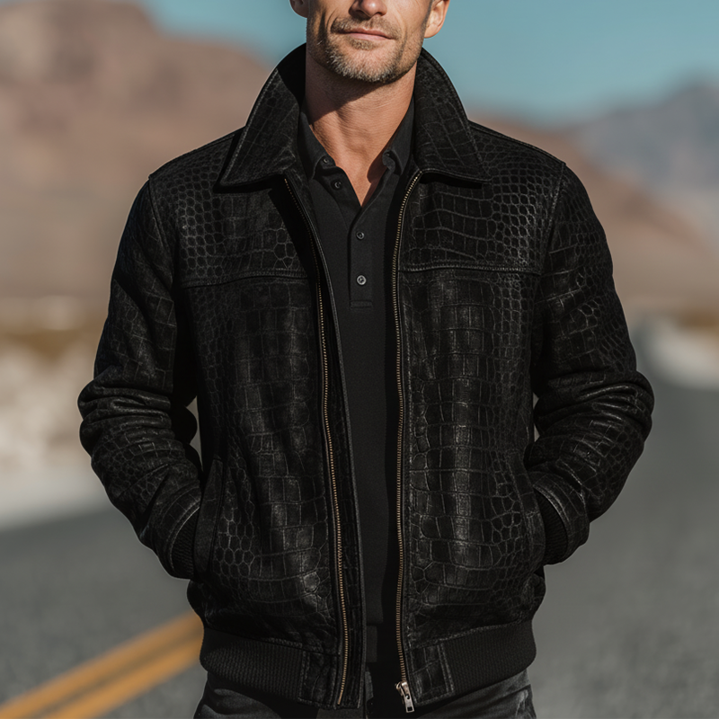 Men's Winter Fashion Mercerized Crocodile Pattern PU Leather Jacket MTA2934I7P