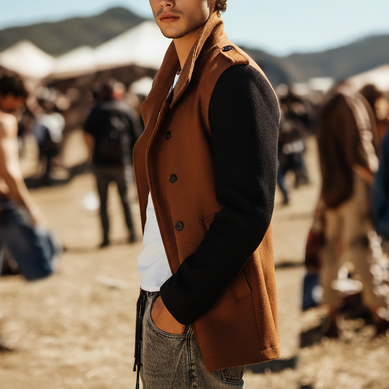 Men's Winter Fashion Patchwork Sleeves Faux Wool Double-breasted Coat MTA2845I4P