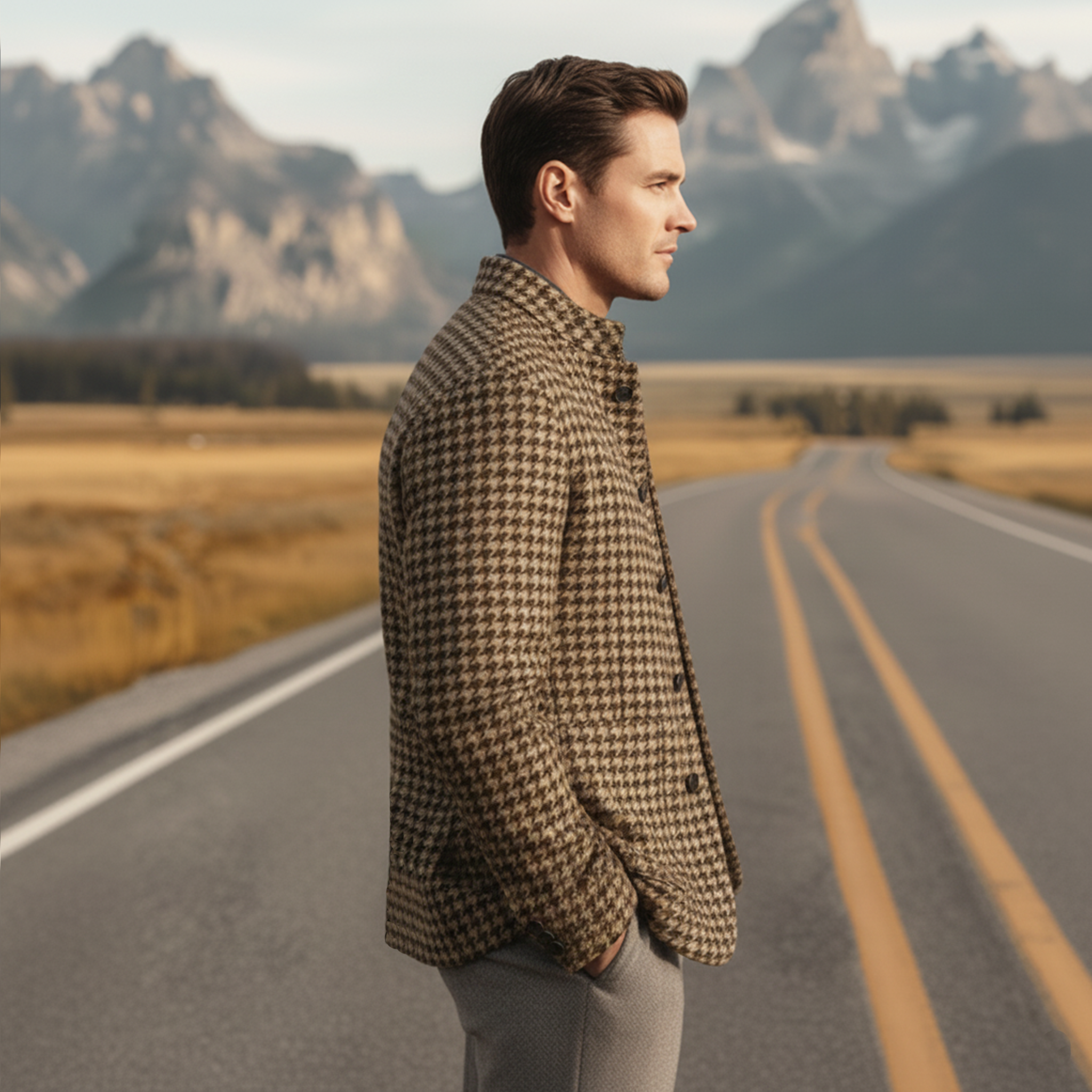 Men's Classic Retro Stand Collar Faux Houndstooth Wool Jacket MTA2505I3K