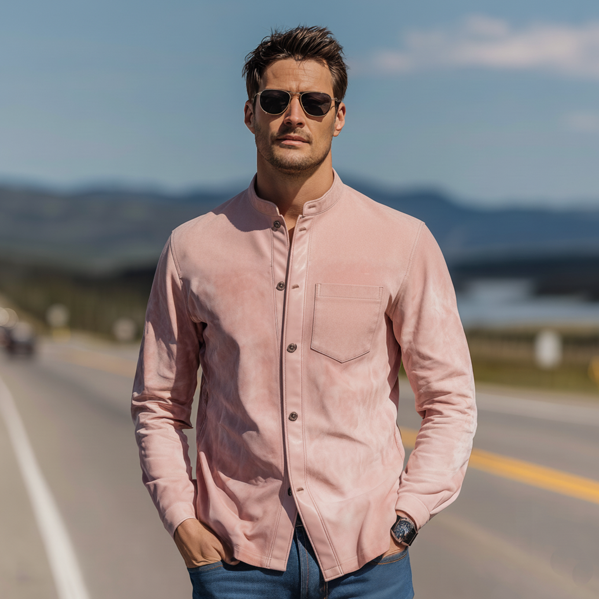 Men's Classic Vintage PU Leather Placket Stand-collar Pink Suede Long-sleeved Shirt MTA2999L6K