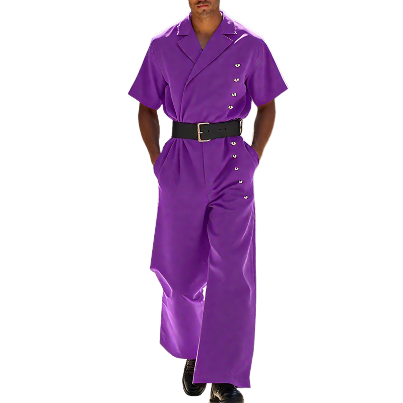 Herrebukser med korte ermer og hakk, uregelmessig knappestolpe, avslappet jumpsuit MTA0255G6Z