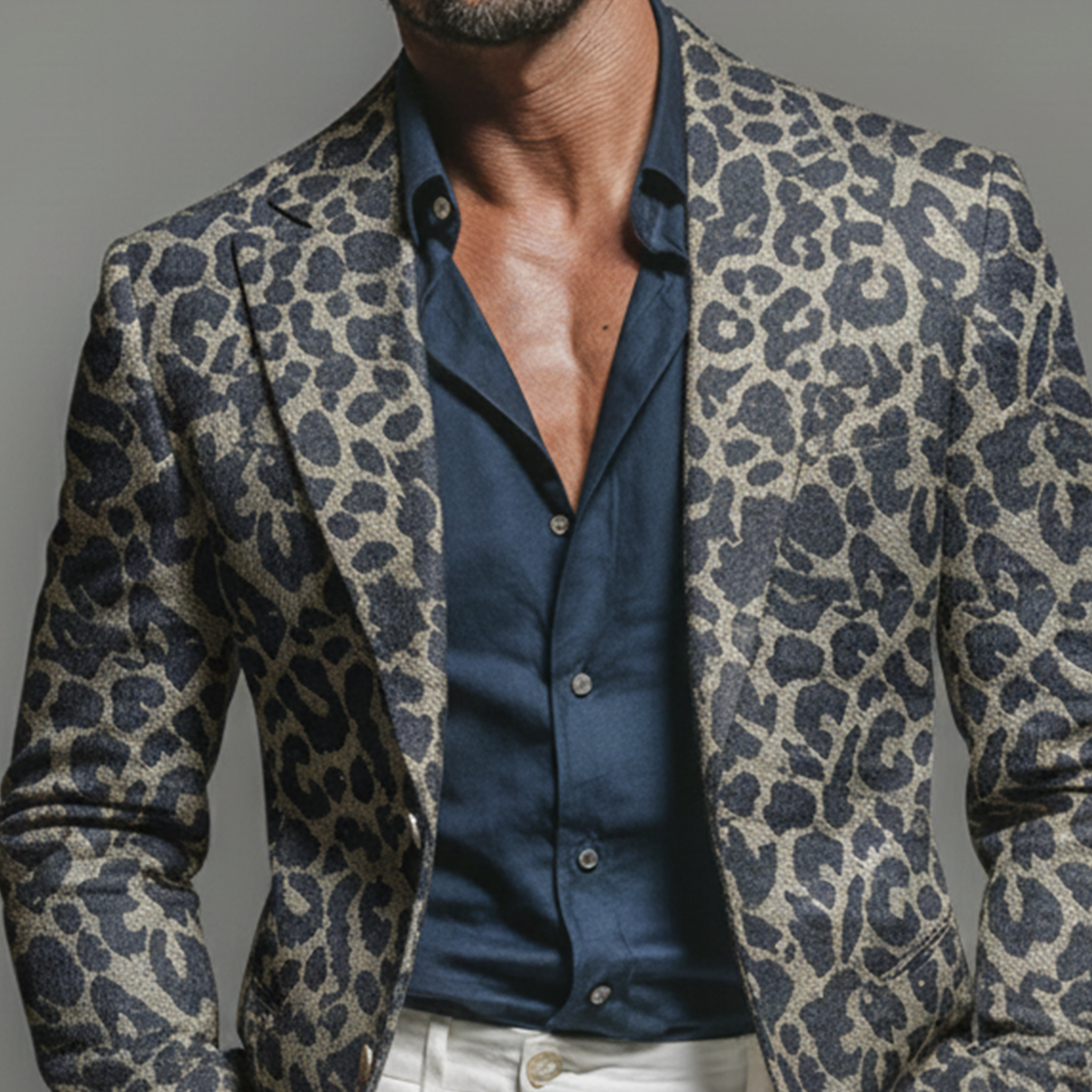 Men's Classic Casual Rugged Denim Jacquard Leopard Print Single-breasted Blazer MTA3051K7K