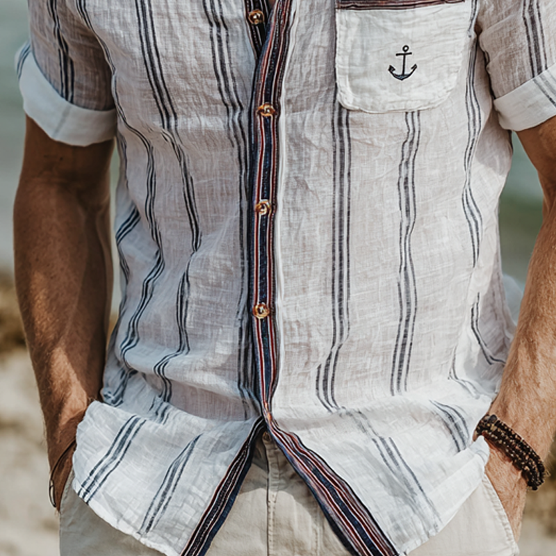 Men's Stripe Print Lapel Short Sleeve Shirt MTA1517G3X