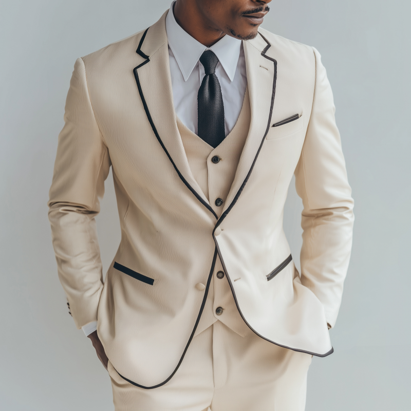 Men's Vintage Elegant Corduroy Colorblock Trim Notch Lapel Single-breasted Slim-fit Blazer MTA0465H6M