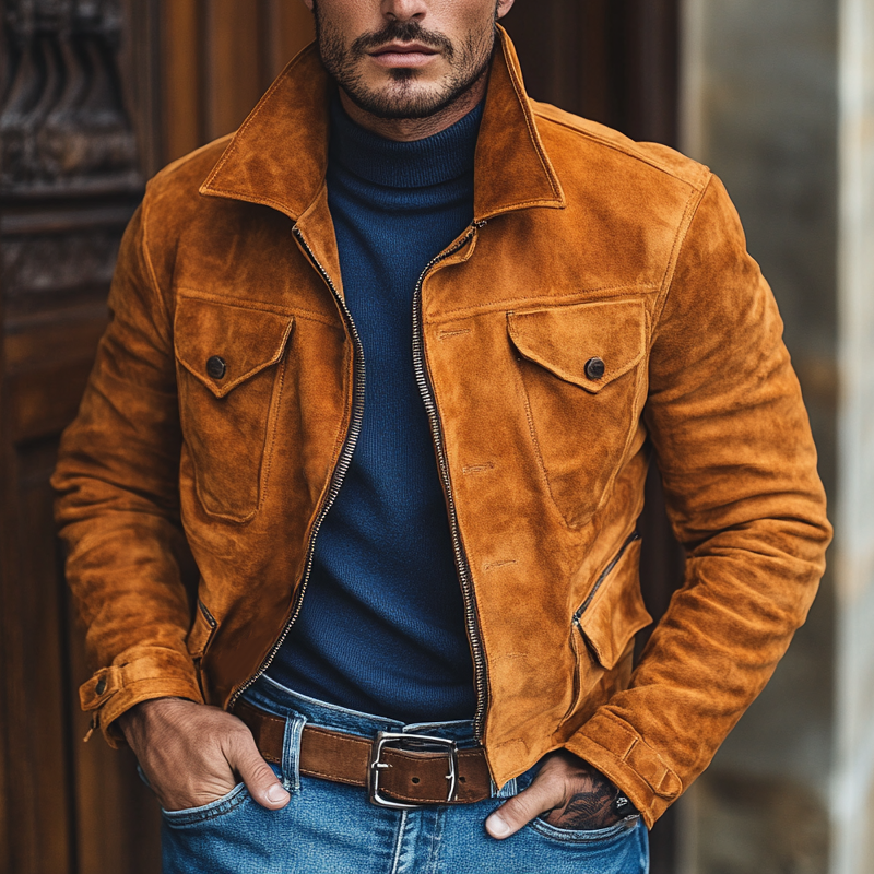 Men's Retro Solid Color Faux Suede Collar Slim Fit Jacket MTA0577K8X