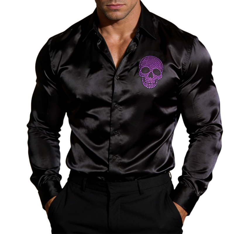 Men's Retro Casual Skull Rhinestone Lapel Satin Long-Sleeved Shirt MTA1772L4TO