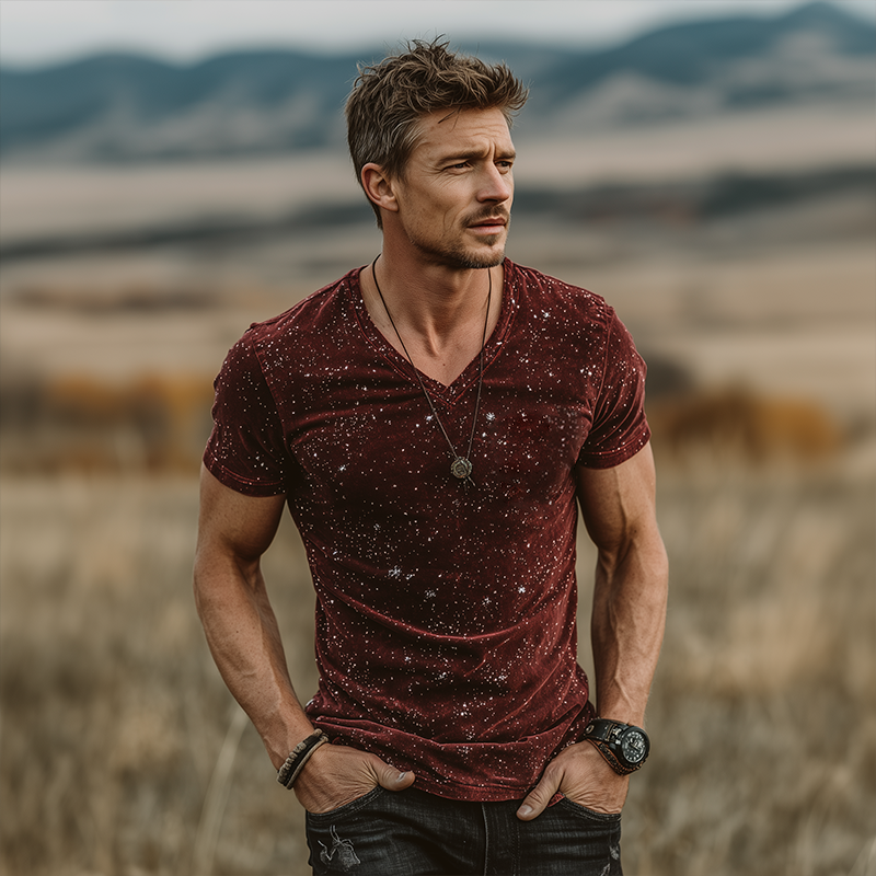 Men's Retro Casual Star Print Velvet V-Neck Short Sleeve T-Shirt MTA1078G1TO