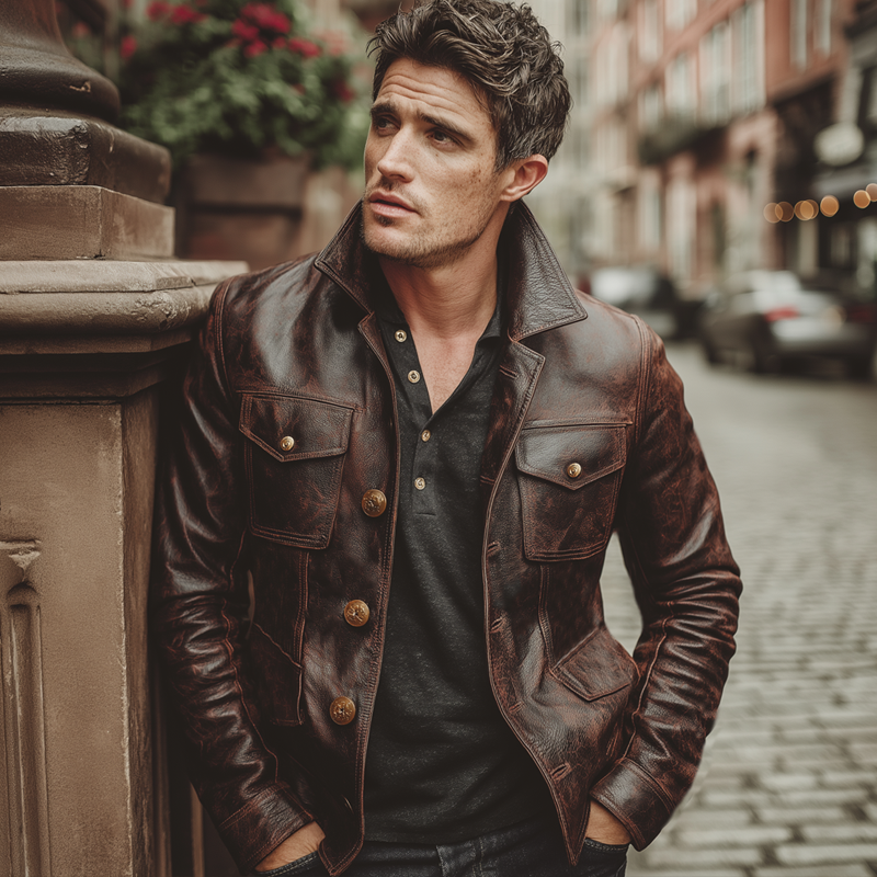 Men's  Classic Reddish-brown Distressed Button PU Leather Jacket MTA2964J2U