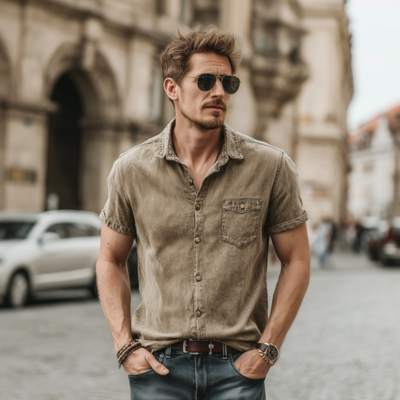 Men's Casual Outdoor Denim Washed Distressed Lapel Patch Pocket Slim Fit Short-sleeved Shirt MTA2111F7M