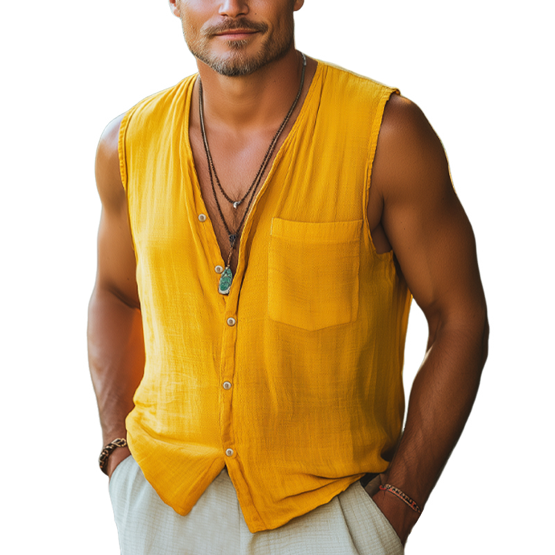 Men's Summer Comfortable Cotton And Linen Sleeveless Shirt MTA0612F0U
