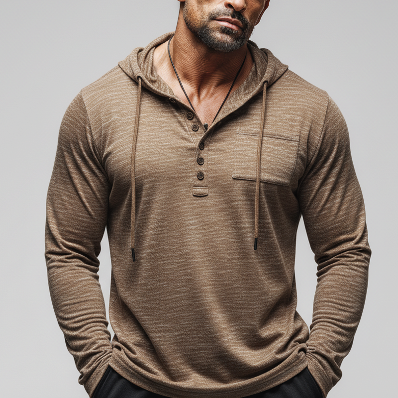 Men's Urban Brown Button-down Collar Hooded Sweatshirt MTZ0900B0U