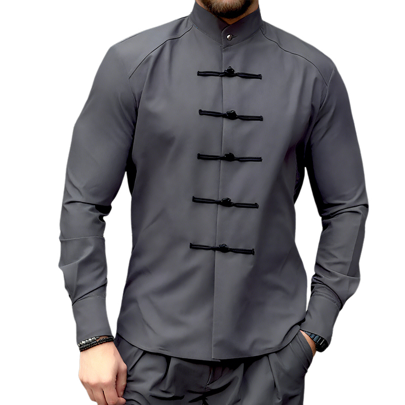 Men's Retro Casual Solid Color Stand Collar Long Sleeve Shirt MTA1770G1TO