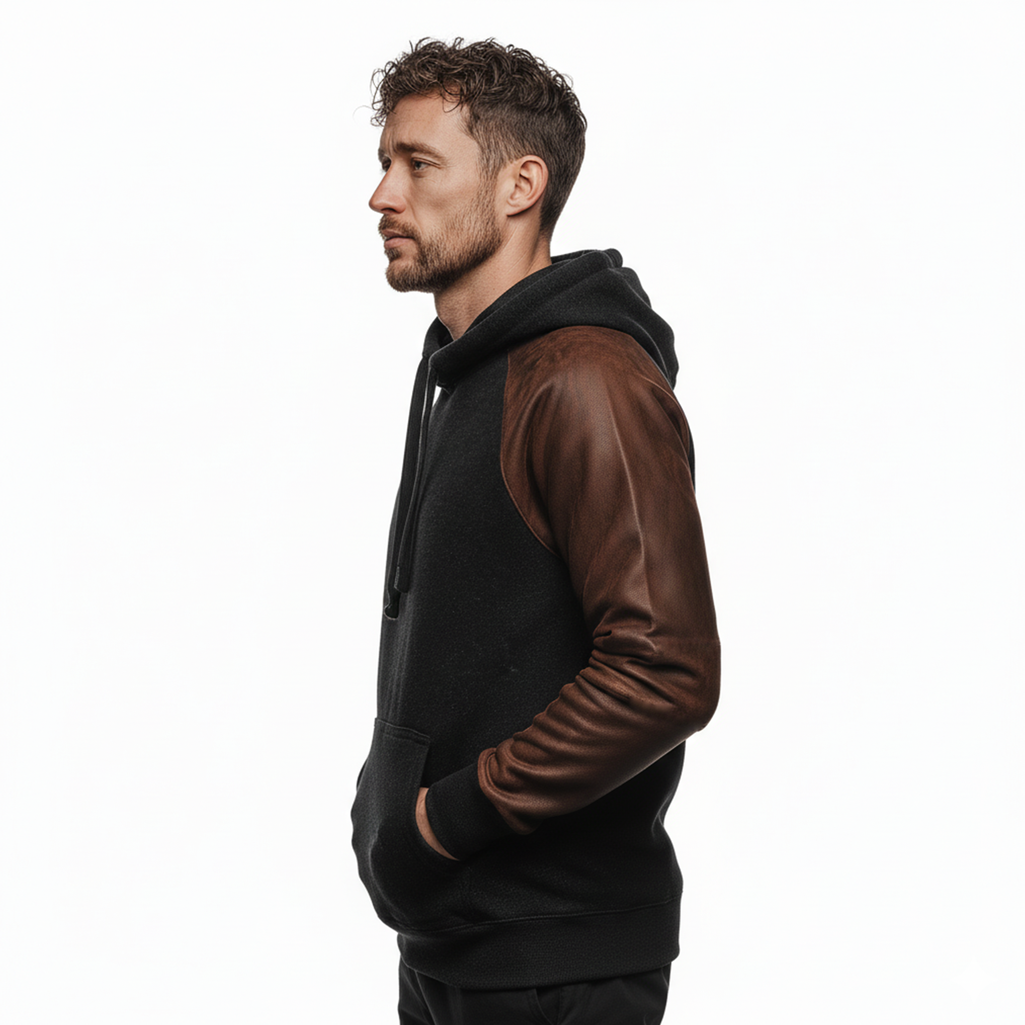 Men's Classic Casual Sleeve Stitching PU Leather Loose Cotton Blend Hoodie MTA0917J2K