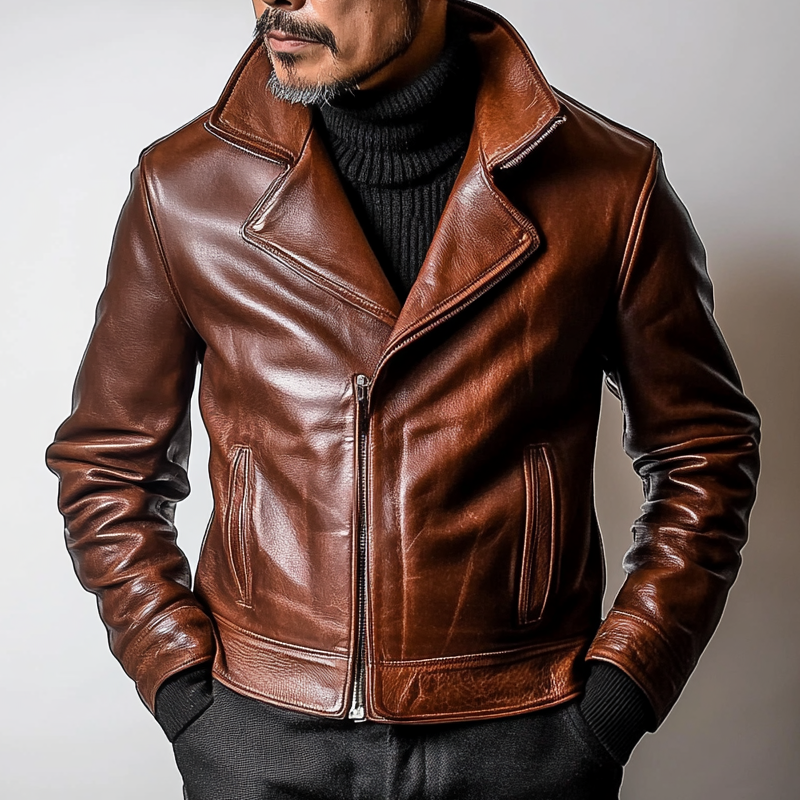 Men's Retro Solid Color Lapel Zipper PU Jacket MTA0455L1X