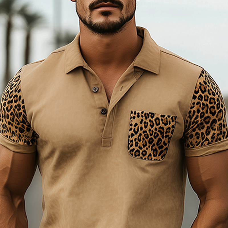 Men's New Spring And Summer Fashion Classic Retro Western Cowboy Style Suede Stitching Leopard Print Slim Short-Sleeved Polo Shirt MTA0982E3K