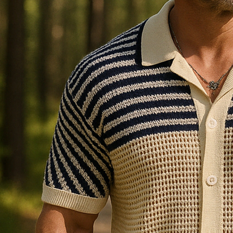 Herre sommer tynn strikket stripete hul kortermet skjorte MTA0367F9P