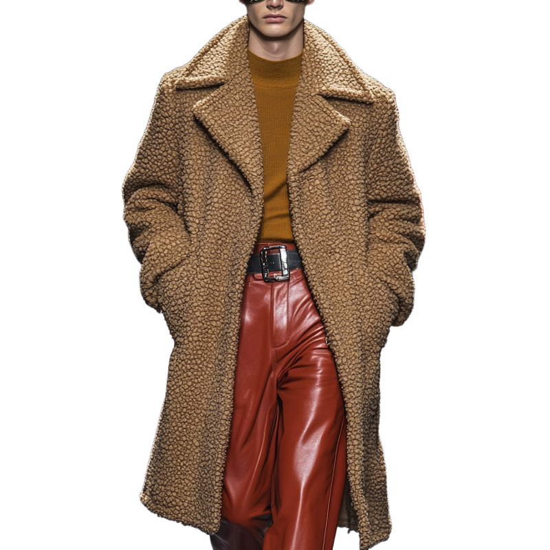 Men's Solid Color Fleece Lapel Long Coat MTA0549L0X