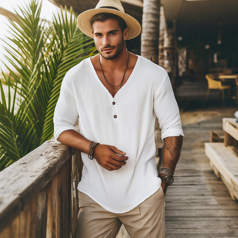 Men's Casual Solid Color Breathable Cotton Linen V-neck Loose Long-sleeved T-shirt MTA3022F4M