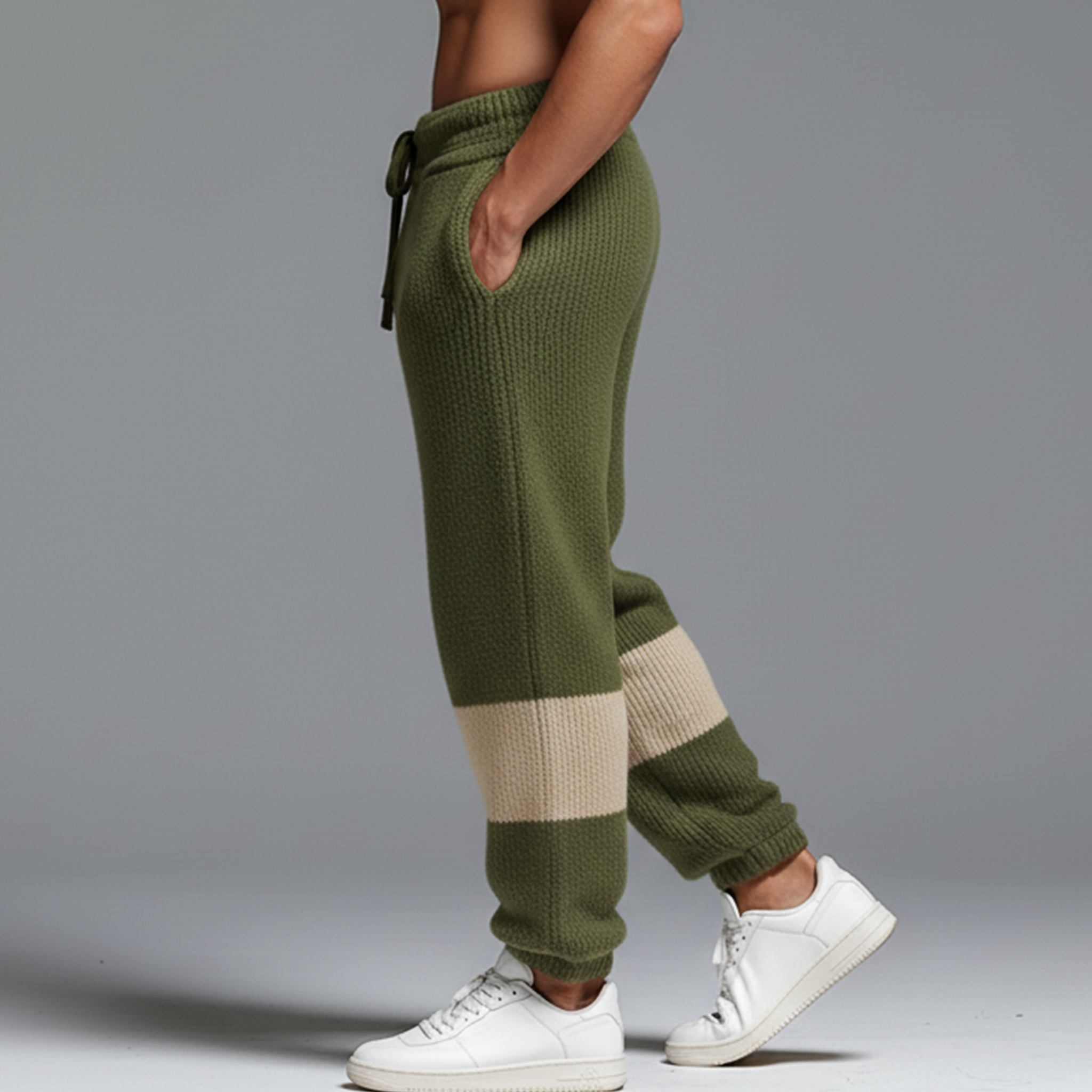 Men's Classic Casual Elastic Waistband Tapered Leg Color-blocked Knit Trousers MTA0604K5K