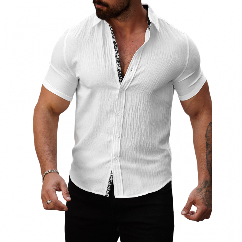Men's Casual Cotton Linen Pleated Colorblock Lapel Slim Fit Short Sleeve Shirt MTA2680E3M