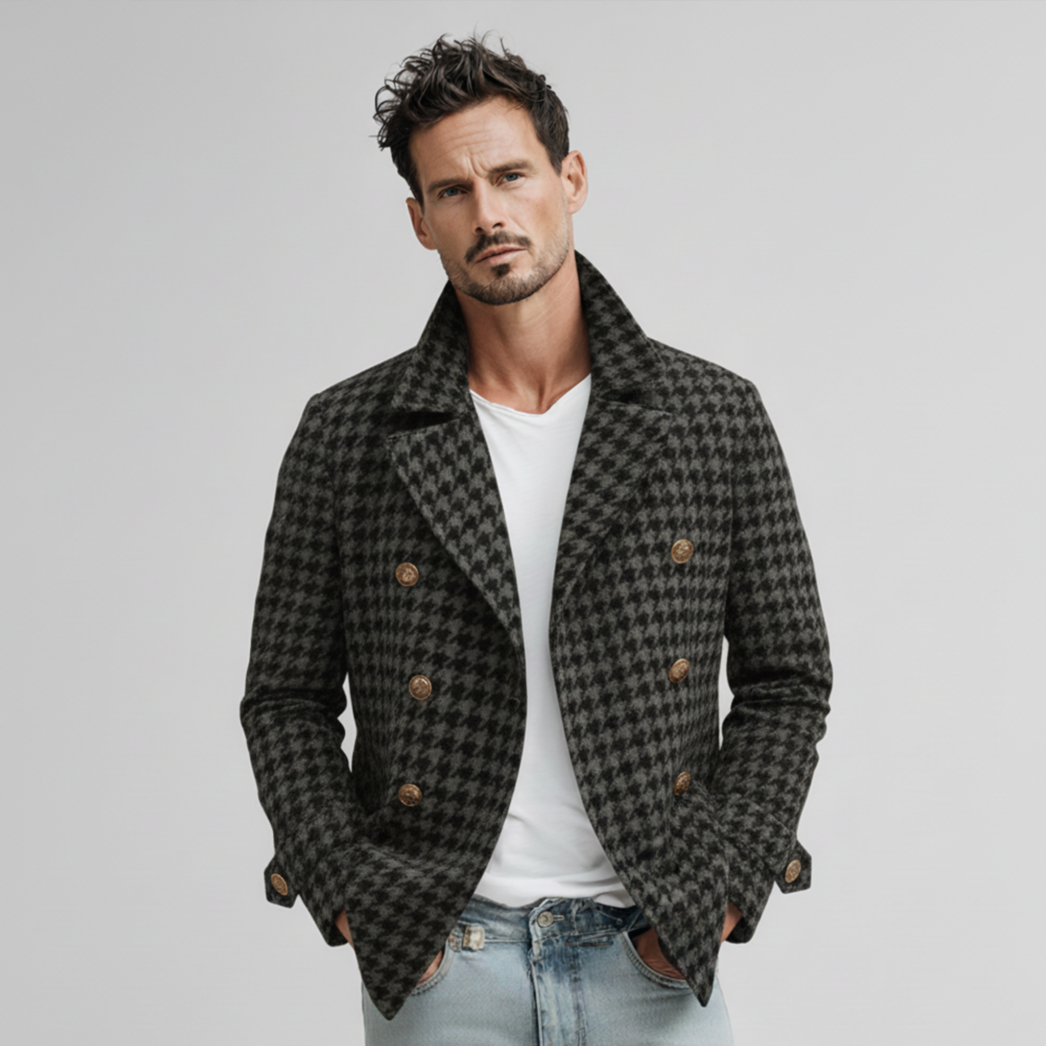 Men's Classic Retro Lapel Double-breasted Houndstooth Wool Jacket MTA2742K7K