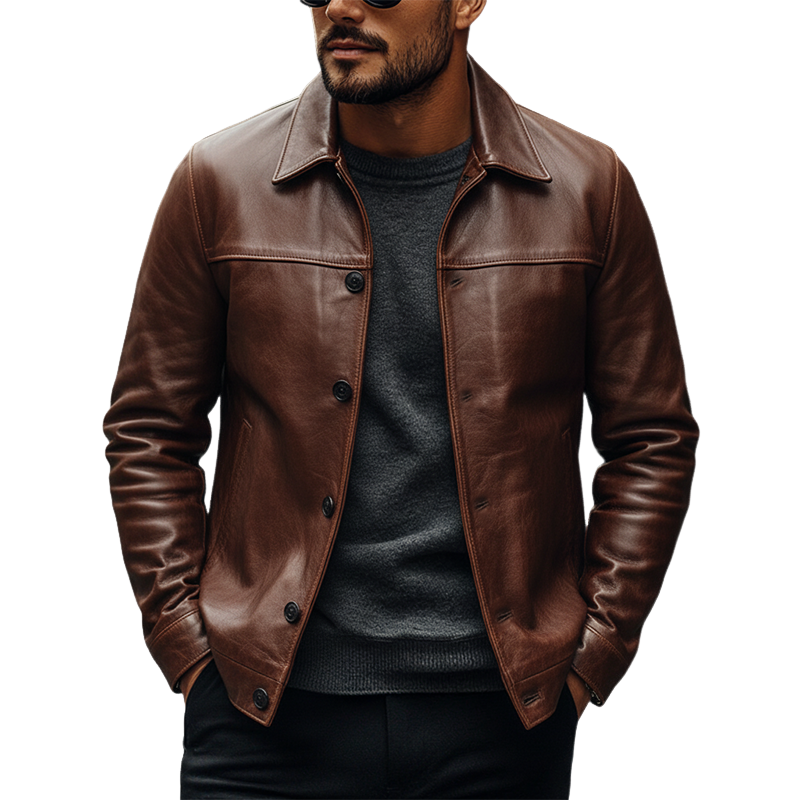 Men's Retro Solid Color Lapel Button PU Jacket MTA0510L8X