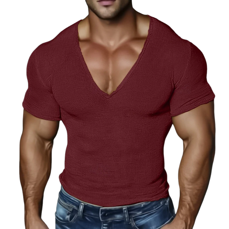Men's Casual Cotton Blended Ribbed Deep V-Neck Slim Short Sleeve T-Shirt MTA1483E7M