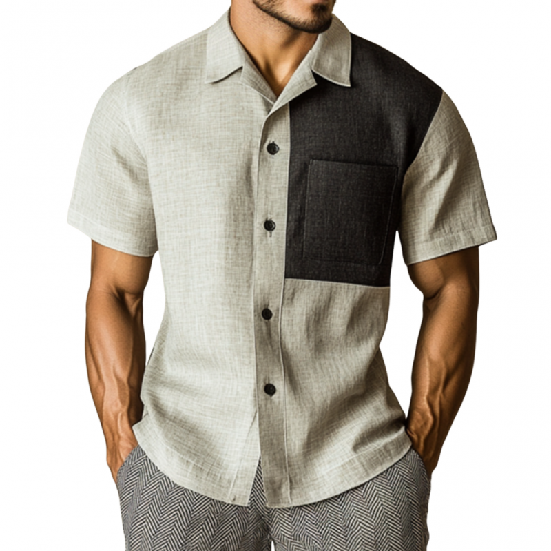 Men's Casual Contrast Linen Lapel Patch Pocket Slim Fit Short Sleeve Shirt MTA1525E7M