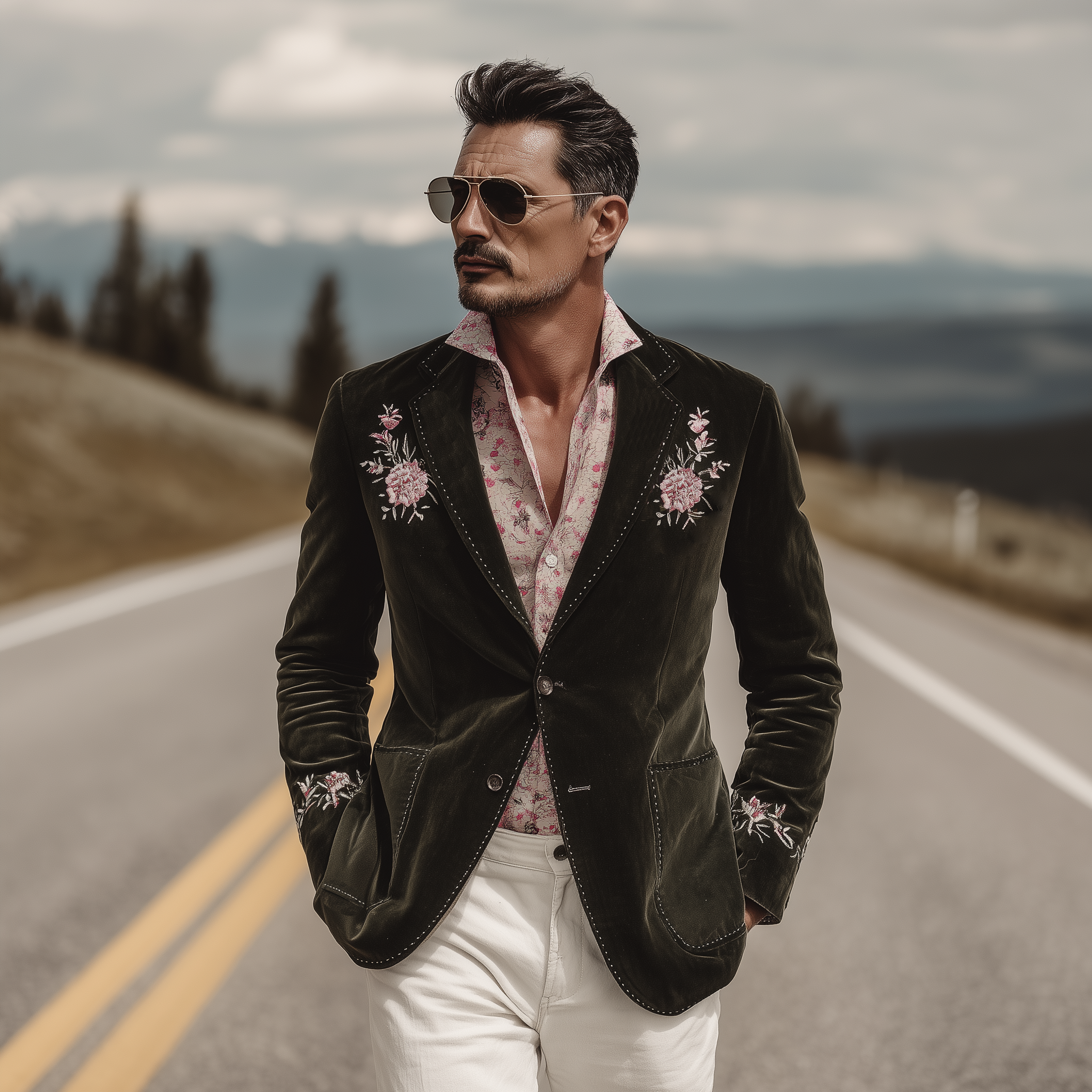Men's Classic Retro Western Suede Floral Embroidered Single-Breasted Blazer MTA1235H0K