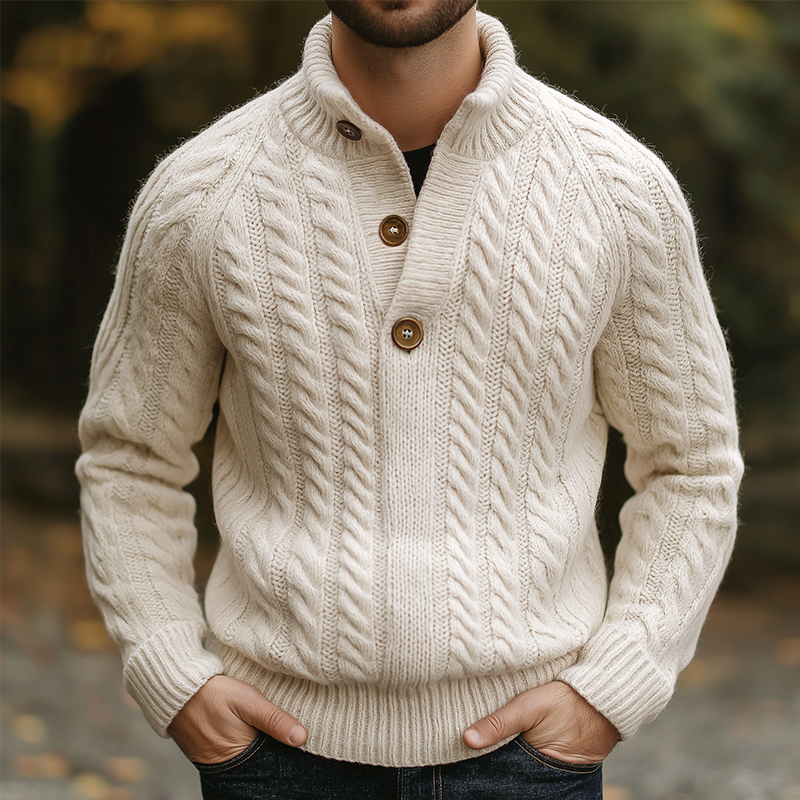 Men's Retro Casual Cable Knit Button-Up Collar Pullover Sweater MTA3053J6TO
