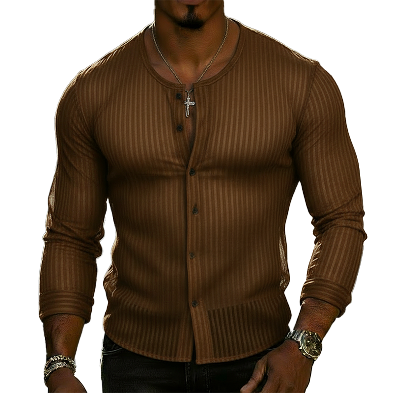 Men's Fashionable Faux Velvet Striped Slightly Sheer Round Neck Button-down Shirt MTZ1659A4P