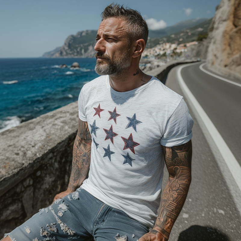 Men's Retro Casual Star Printed Round Neck Short Sleeve T-Shirt MTA1199G1TO