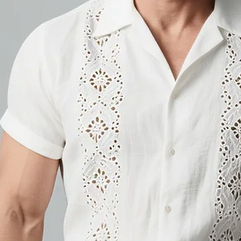 Men's Casual Hollow Decoration Cuban Collar Short Sleeve Shirt MTA0991F7Y