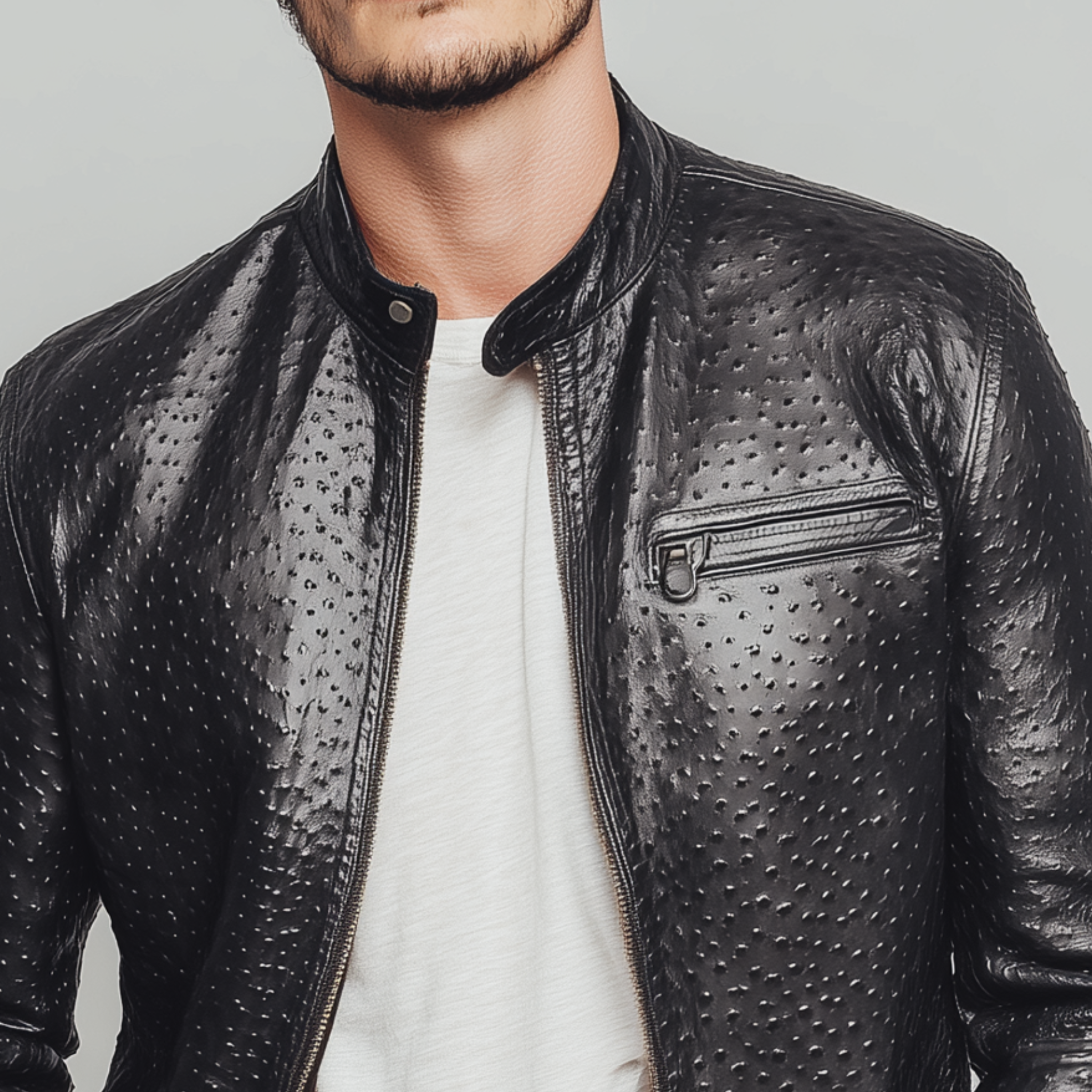 Men's Classic American Retro Stand Collar Textured PU Leather Slim Zipper Jacket MTA1647H3K