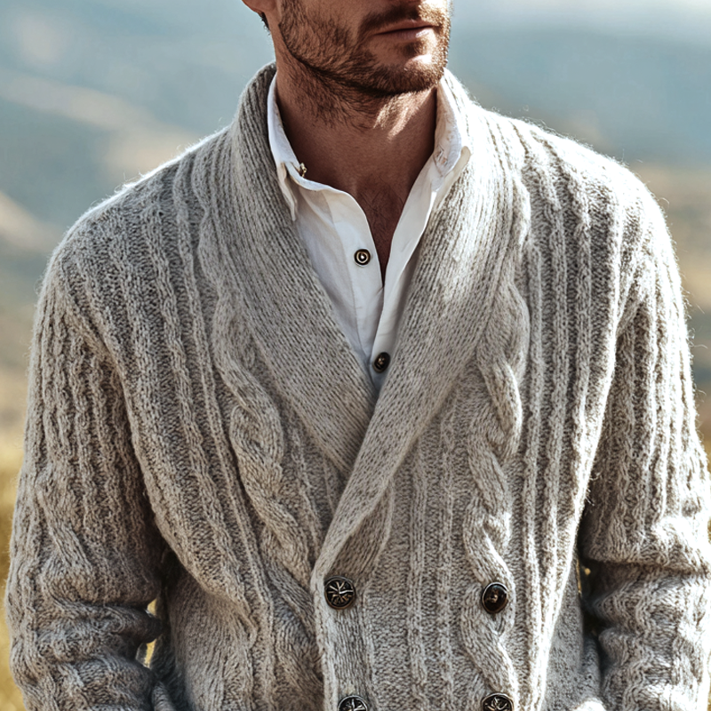 Men's Cable Knitted Shawl Collar Double Breasted Cardigan MTA0244I6Z