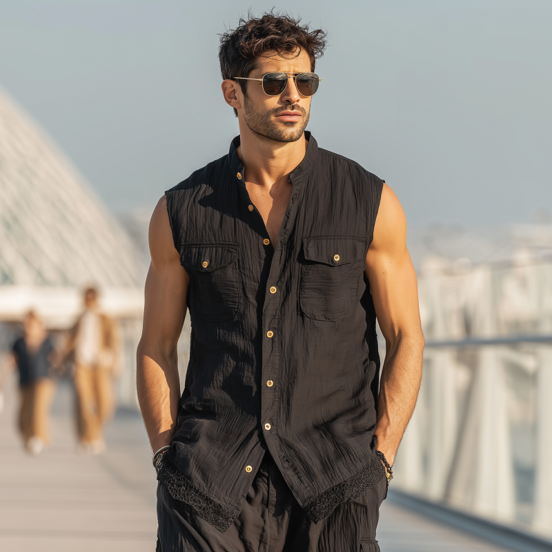Men's Casual Solid Color Cotton Stand Collar Lace Hem Patchwork Single Breasted Slim Fit Sleeveless Shirt MTA1468G8M
