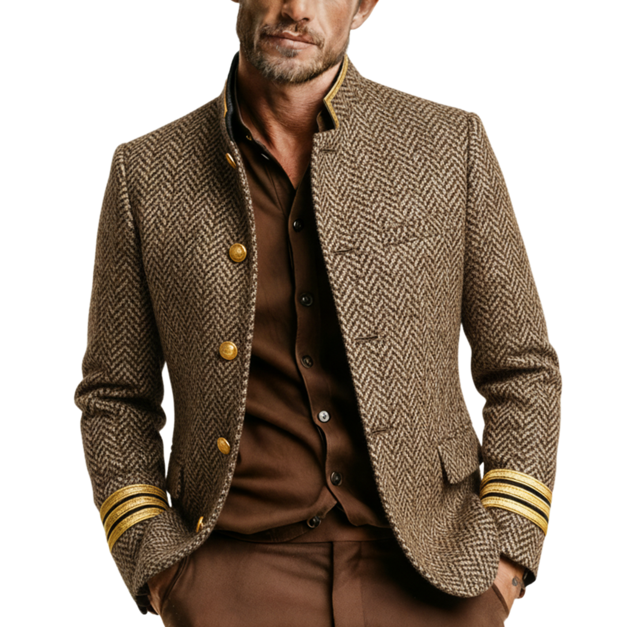 Men's Classic Retro Stand-up Collar Herringbone Wool Jacket MTA2886K4K