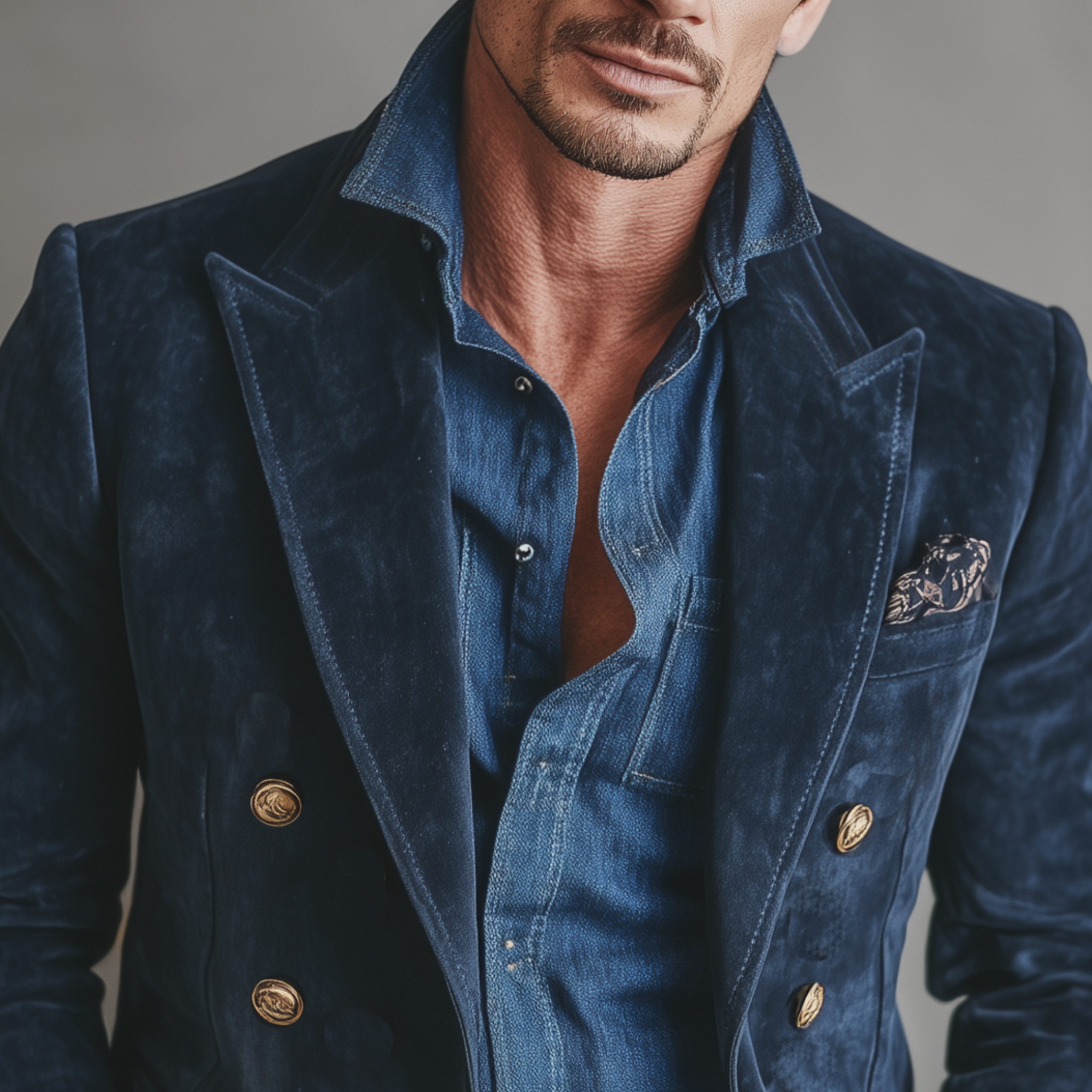 Men's Classic Vintage Navy Suede Double-breasted Slim-fit Blazer MTA1550I1K