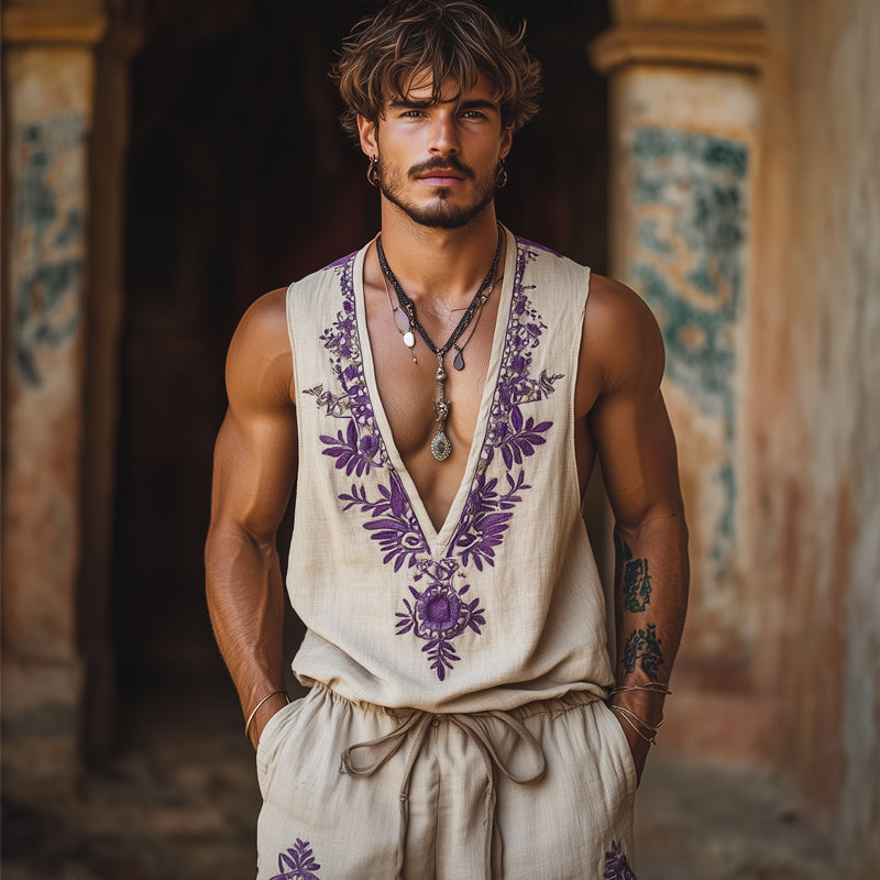 Men's Summer Deep V Neck Embroidered Cotton And Linen Tank Top MTA1552E9U