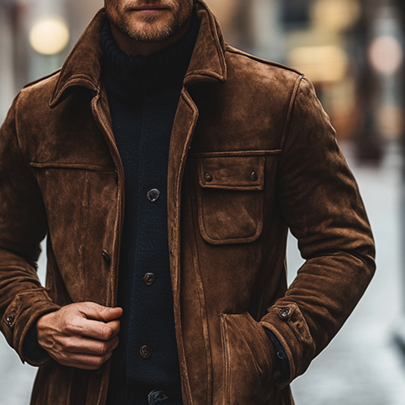 Men's Retro Solid Color Lapel Faux Suede Mid-Length Coat MTA0536K2X