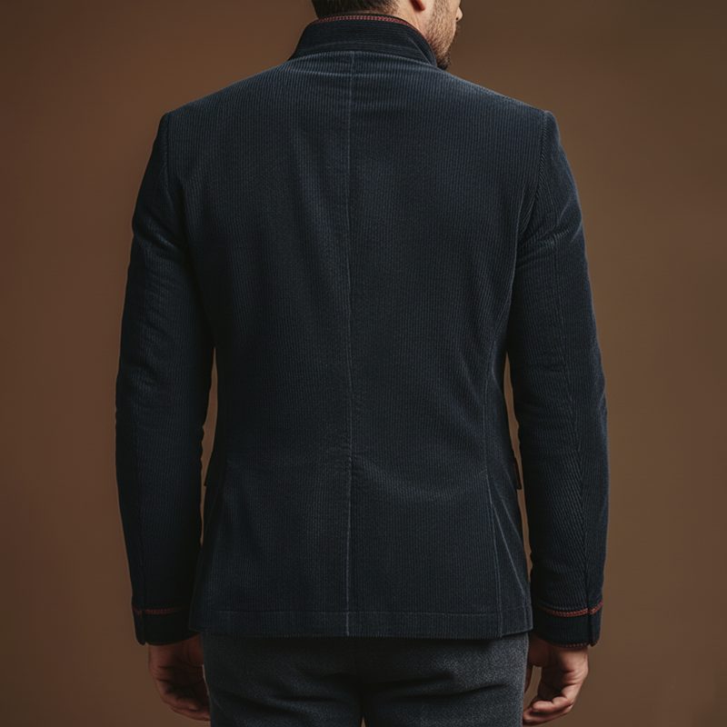 Men's Retro Stand Collar Corduroy Embroidered Lines Slim Fit Jacket