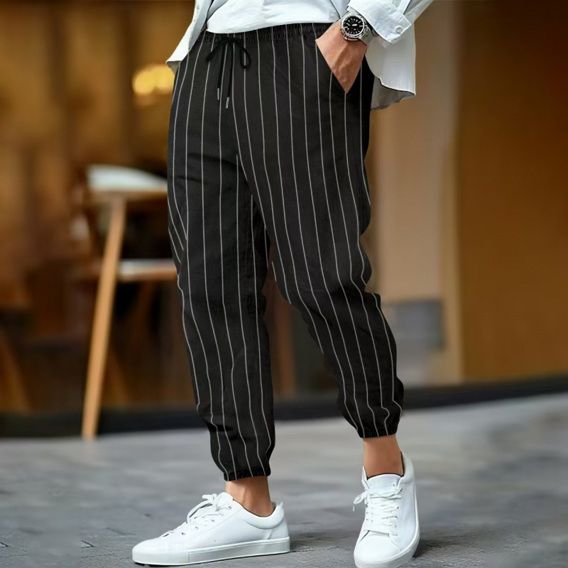 Men's Casual Breathable Cotton Linen Striped Elastic Waist Loose Cuff Pants MTA0758G3M