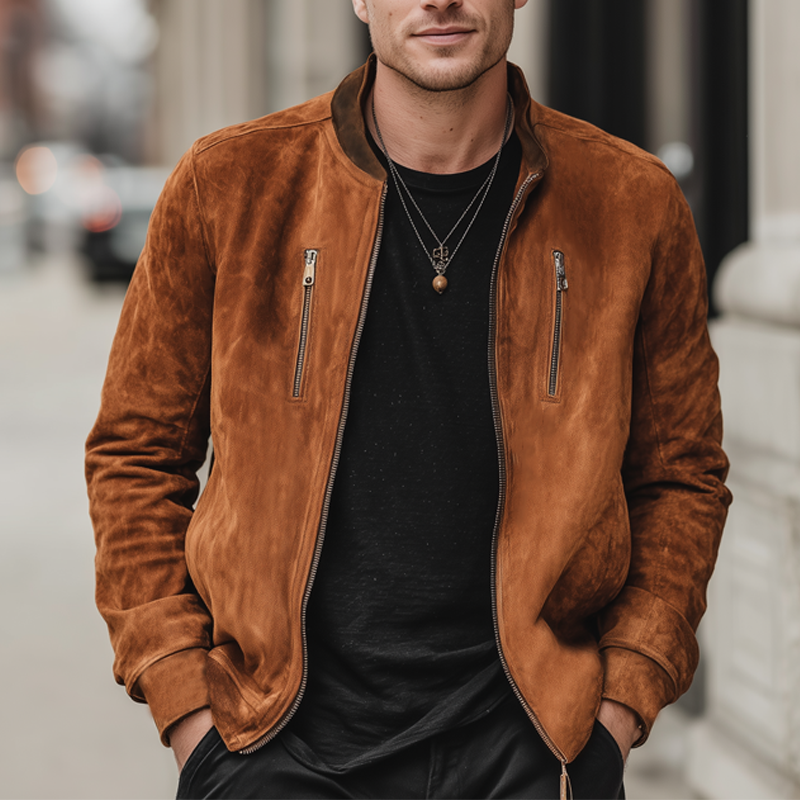 Men's Classic Suede Colorblock Collar Zip-Up Jacket MTA2848I8U